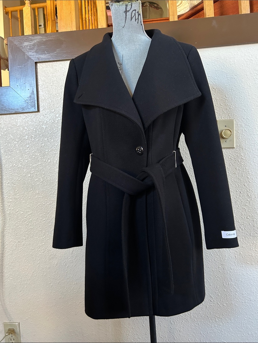 Calvin Klein Black Belted Wool-Blend Trench Coat